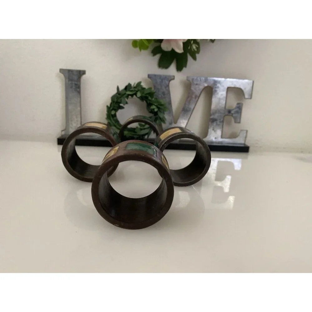 Vintage 1980s Pier 1 Napkin Rings Bronze Green Yellow Inlay Set of 4‎ Retro EUC